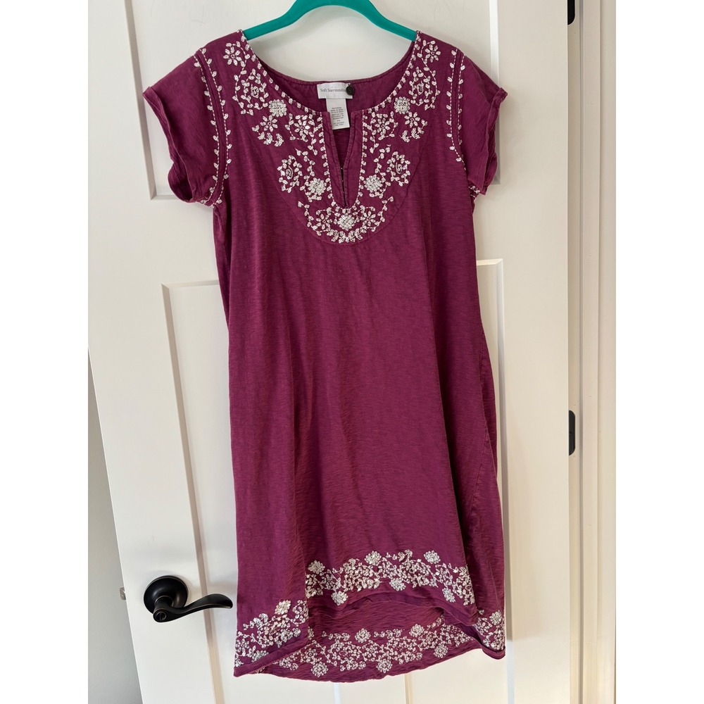 Soft Surroundings Plum Short-Sleeve Embroidered Mini Dress